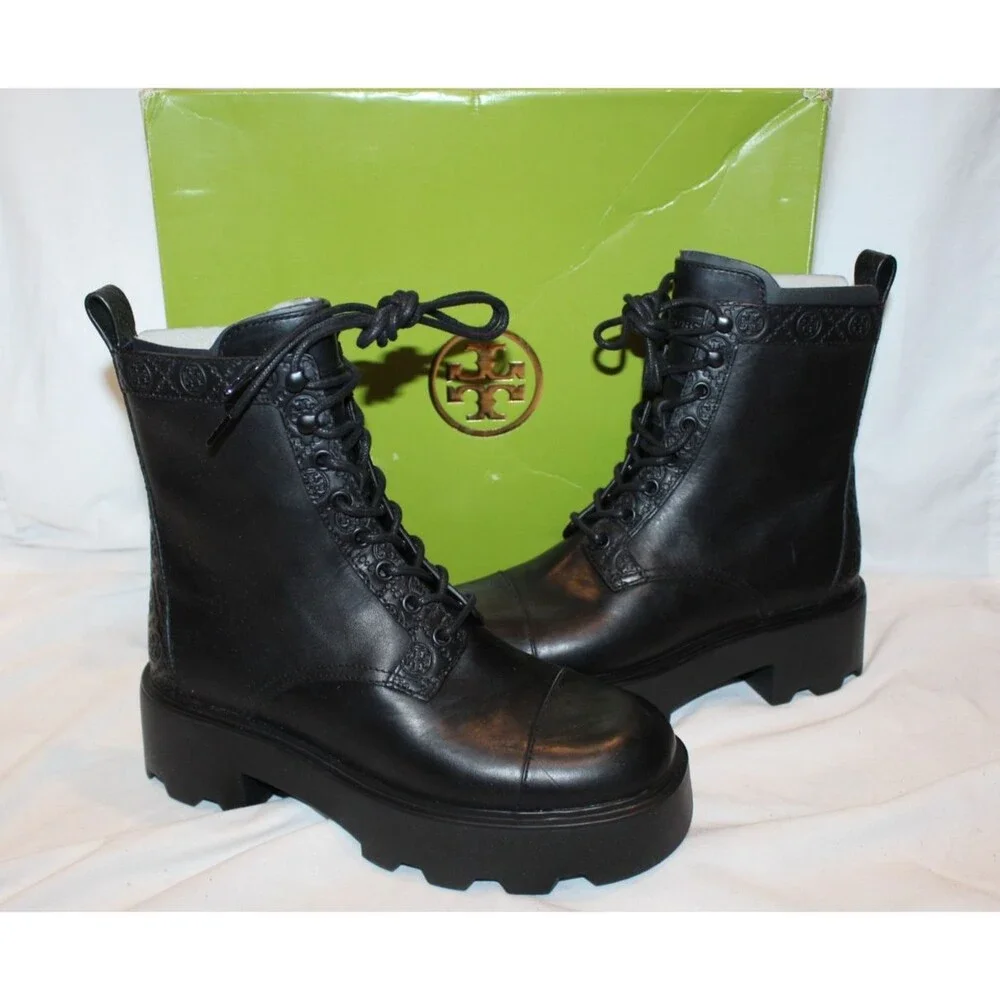 Tory Burch Double T Logo Lug Sole Leather Platform Vachetta Boots Black 8 $500